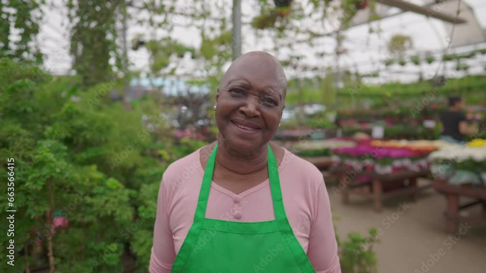 One Happy African American senior woman wearing green apron standing inside Flower Shop looking at camera smiling One Happy African American senior woman wearing green apron standing inside Flower Shop looking at camera smiling