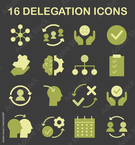 Delegation icon set. Task assignment and control. Leadership symbol