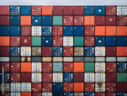 "Immaculately stacked shipping containers create an organized and visually striking display."