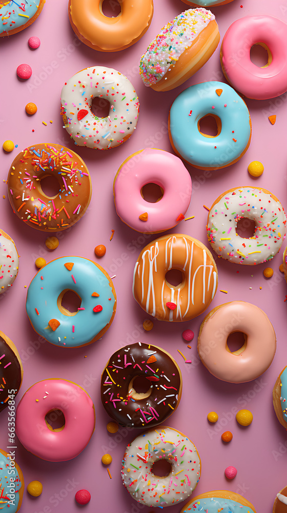 Flat lay of donuts. With colored sparks. Pastel color background. Flat lay of donuts. With colored sparks. Pastel color background.