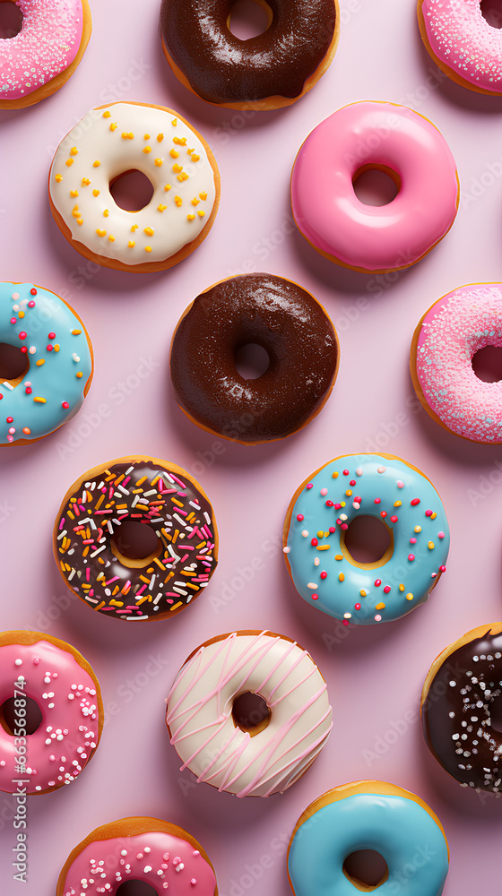 Flat lay of donuts. With colored sparks. Pastel color background. Flat lay of donuts. With colored sparks. Pastel color background.