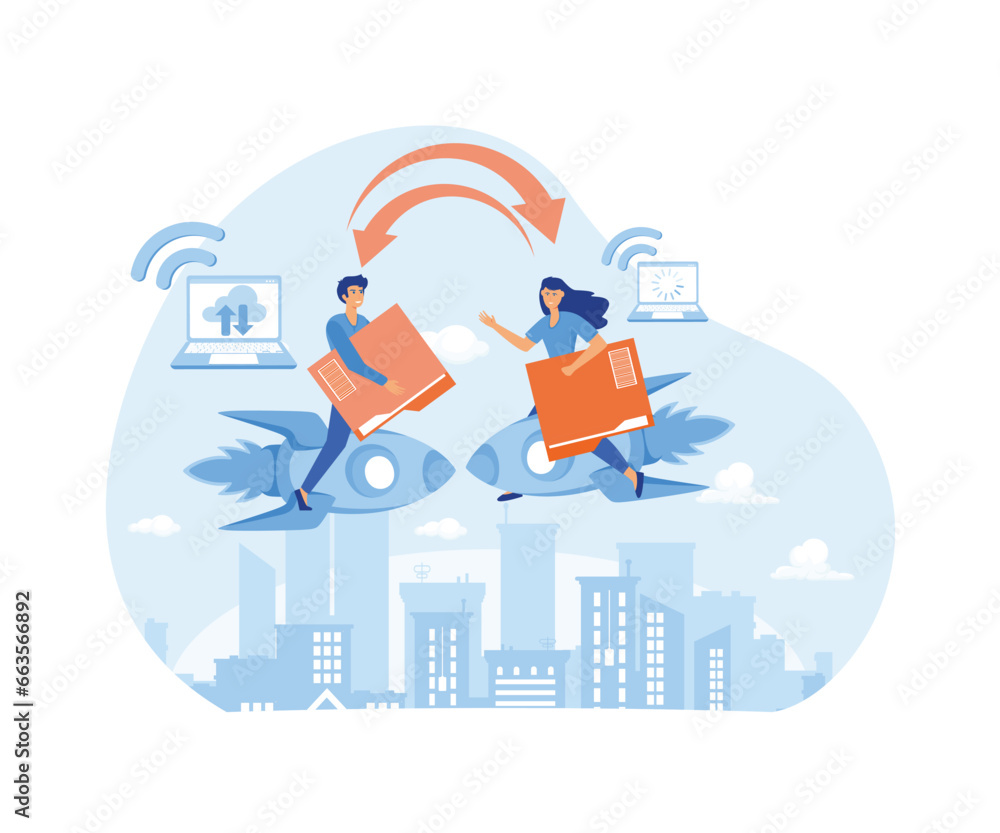 Sharing file, file transferred encrypted form, transfer of documentation, migration concept. flat vector modern illustration Sharing file, file transferred encrypted form, transfer of documentation, migration concept. flat vector modern illustration