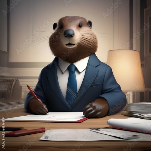 A business-savvy beaver in a sharp suit, examining a blueprint with reading glasses2 photo