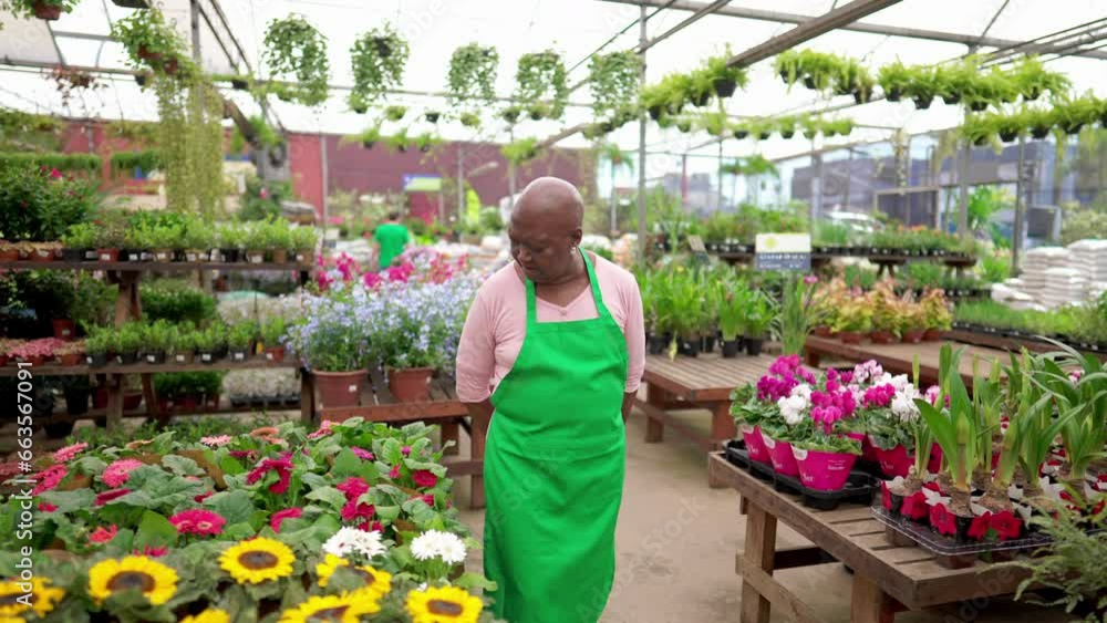 One senior black employee standing inside large local plant store wearing green apron. An older African American woman staff at Flower Shop One senior black employee standing inside large local plant store wearing green apron. An older African American woman staff at Flower Shop
