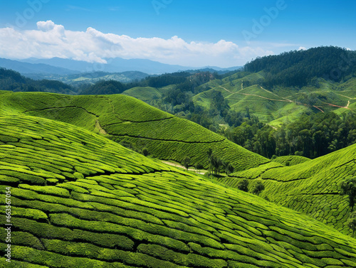 Vast, picturesque tea plantations form a beautiful landscape, extending as far as the eye can see.