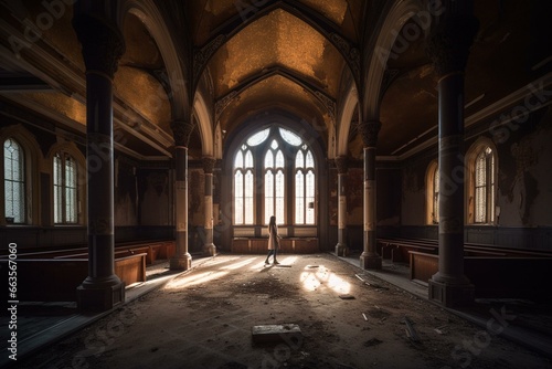 Exploring a vacant cathedral  seeking solutions amidst the desolate setting of an abandoned church. Generative AI