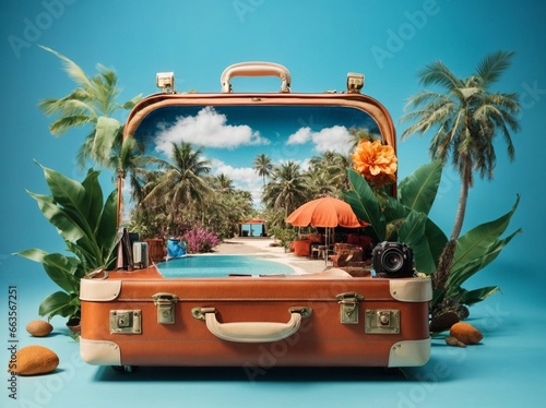Open travel suitcase with exotic destination photo