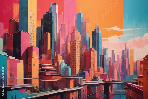 A vibrant and abstract painting of a cityscape