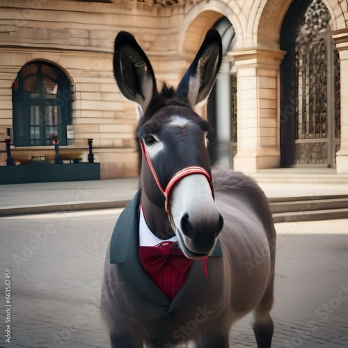 A dapper donkey in a bowler hat and bowtie, strolling through a city park5 photo