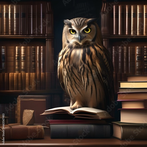 A wise owl in a professor's attire, surrounded by books and a chalkboard5