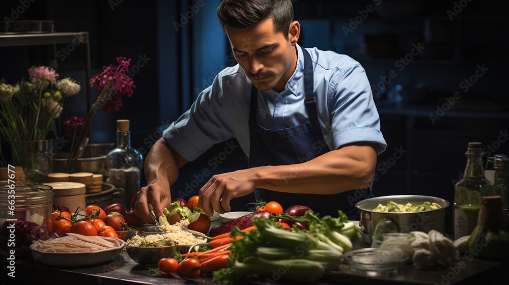 A professional chef prepares a tasty dish in his kitchen. Ai generative A professional chef prepares a tasty dish in his kitchen. Ai generative