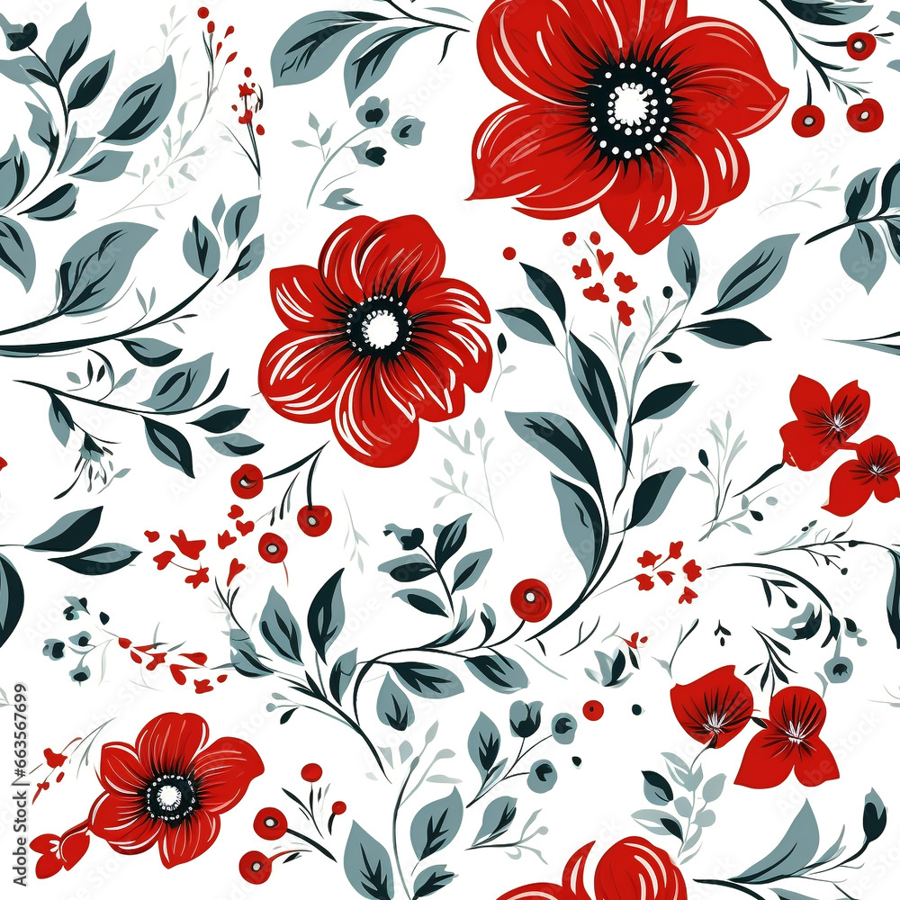 Seamless pattern red flowers and leaves swirling on a white background ,water color, Seamless pattern red flowers and leaves swirling on a white background ,water color,