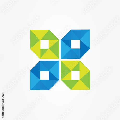 this is a logo that depicts four geometric square shape in green and blue color forming a flower shape that looks great on a white background