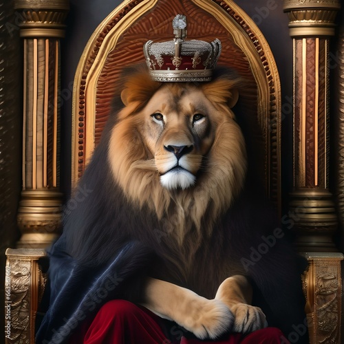 A lion in a king s robe and crown  seated on a majestic throne1