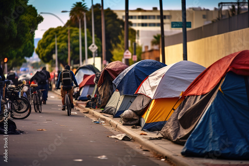 Homeless tents forming camps in the city center. Ai generative. © Ewa