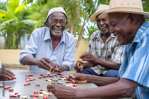Elderly Bajan men engaged in a lively game of dominoes  