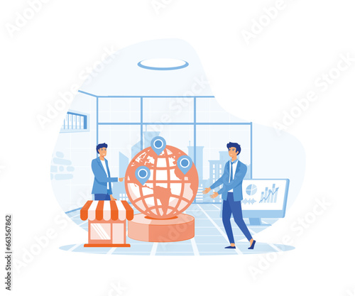 businessman offering Franchise, trading network shop to the world map business concept. flat vector modern illustration 