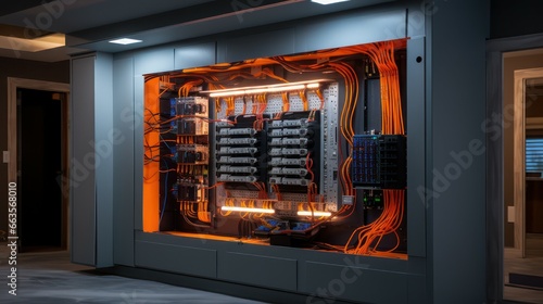 Electrical panel with open box, electrical service technician