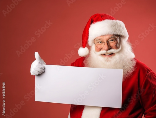 A jolly Santa Claus wearing a red suit and hat, pointing at a blank advertisement. © Szalai