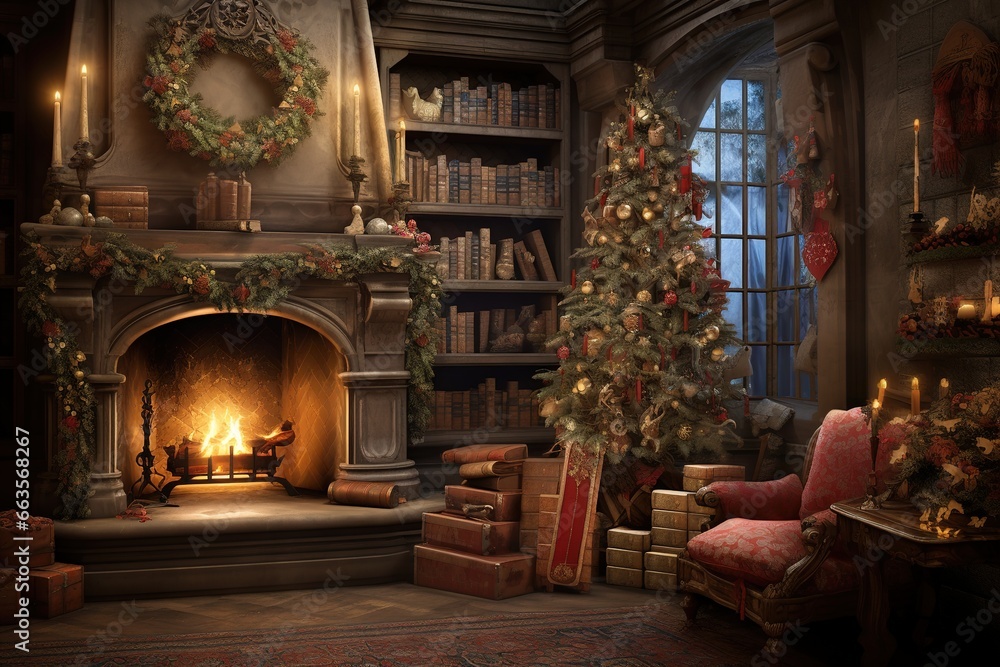 A cozy, traditionally decorated room for Christmas. Ai generative