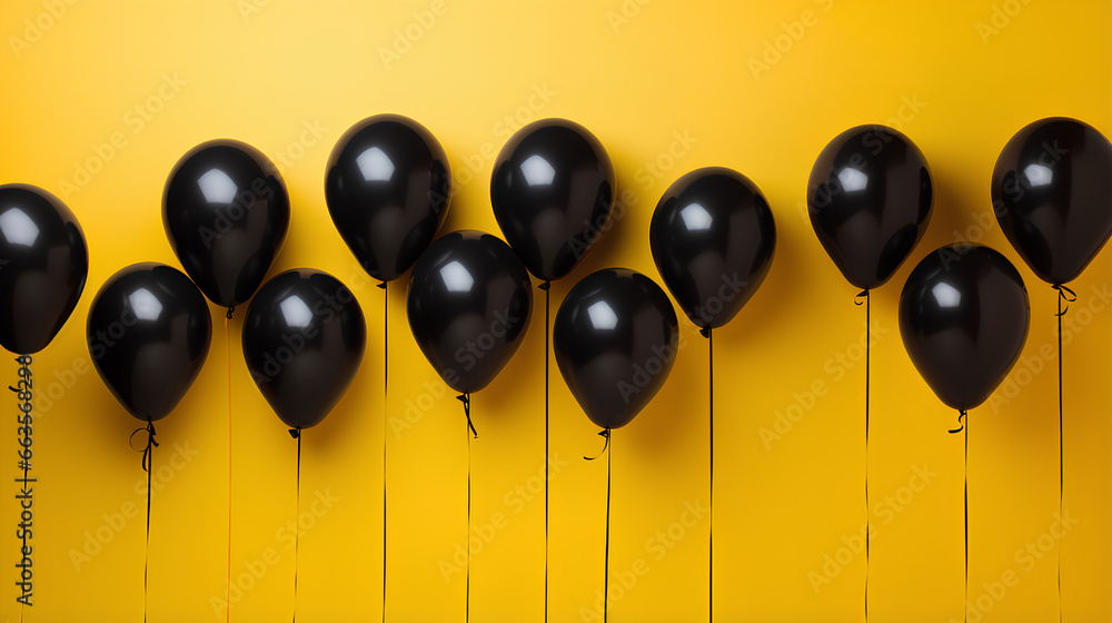 Black balloons with yellow background. Black Friday and Cyber Monday. Black balloons with yellow background. Black Friday and Cyber Monday.