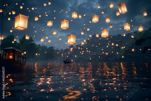 Floating wish lanterns against a full moon 