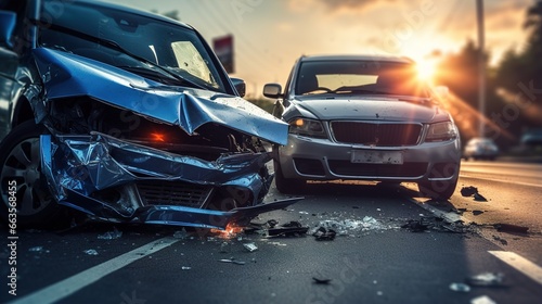 Damaged cars in a road accident. Ai generative