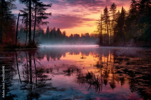 Dawn illuminates serene lake nestled among trees. Generative AI