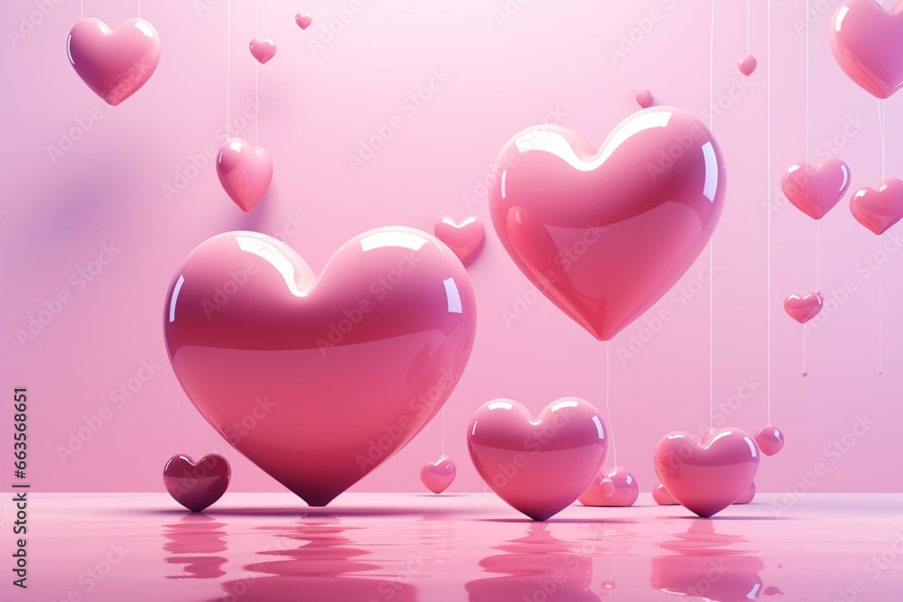 Hearts over a pink background. Digital artwork, 3D rendering. Generative AI