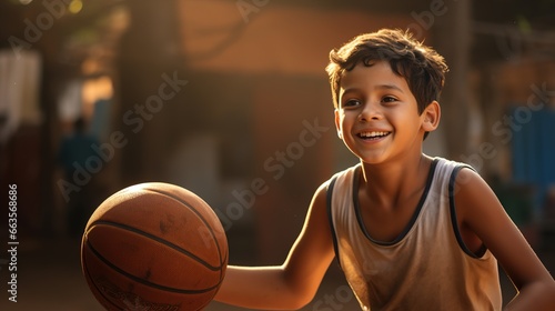 A boy plays basketball on a city street. Ai generative.