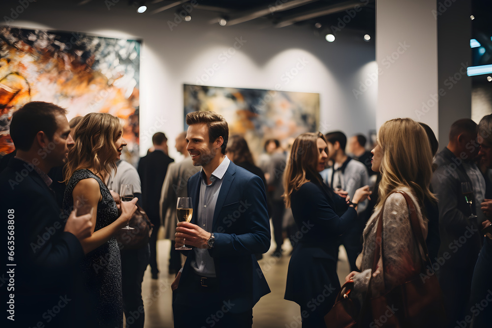  Crowds mingling at a nighttime art gallery opening  - obrazy, fototapety, plakaty 