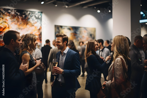  Crowds mingling at a nighttime art gallery opening  photo