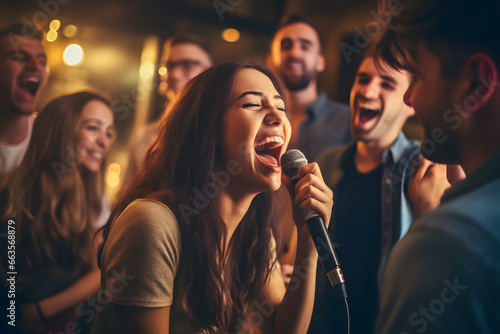  Group of friends singing passionately at a karaoke bar 