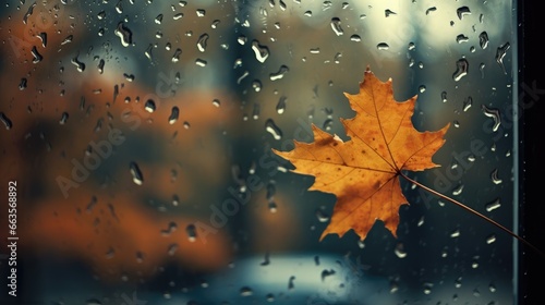 Lone maple leaf stuck to the glass, rain and autumn atmosphere outside the window