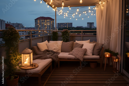  Urban balcony adorned with fairy lights and comfy seating  © Nelson