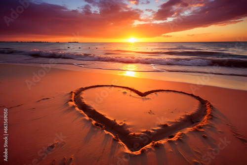 Romantic beach sunset with heart shapes in the sand 