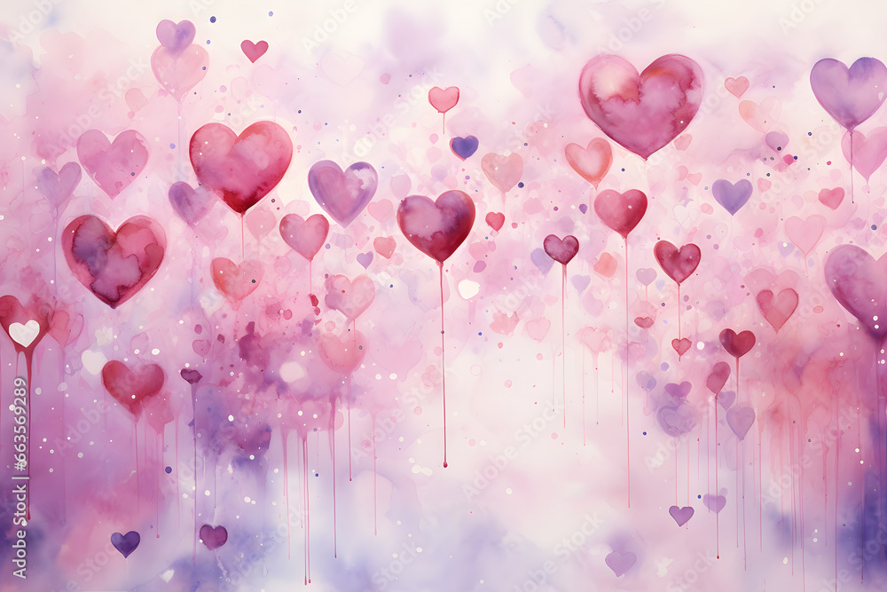 Dripping watercolor wash in romantic hues with floating heart bubbles 