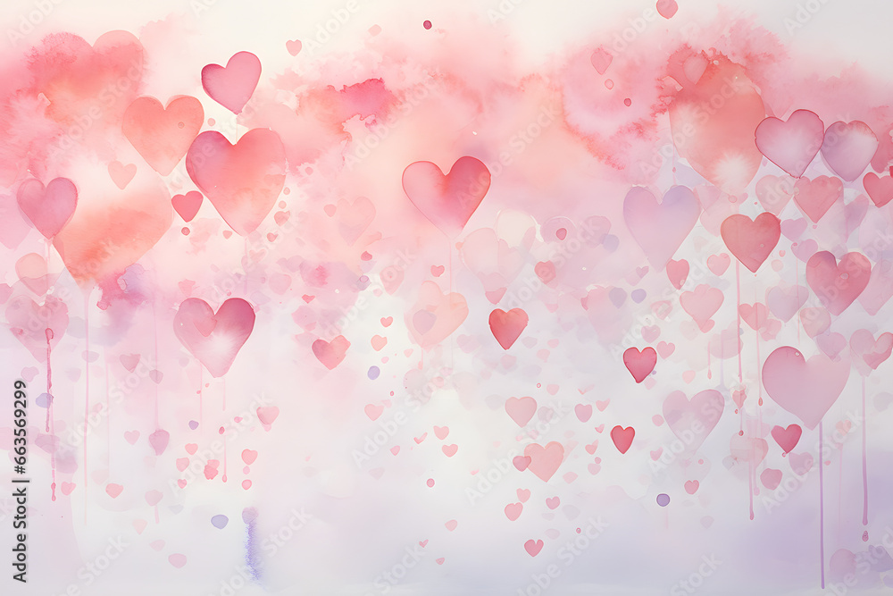 Watercolor wash in romantic hues with fading floating heart bubbles  