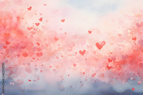 Watercolor wash in romantic hues with floating heart bubbles  in cloud