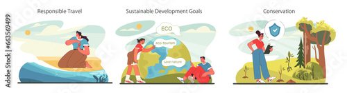 Sustainable tourism set. Ecotourism, eco-friendly recreation.