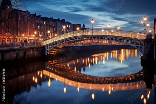 A bridge in Dublin, Ireland over the Liffey river during twilight. Generative AI