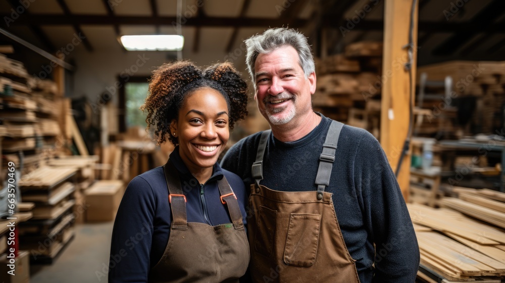 Two workers, happy on new job, standing in a woodworking shop with saws and tools in the background Two workers, happy on new job, standing in a woodworking shop with saws and tools in the background