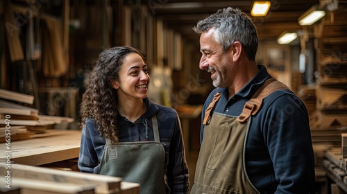 Two workers, happy on new job, standing in a woodworking shop with saws and tools in the background