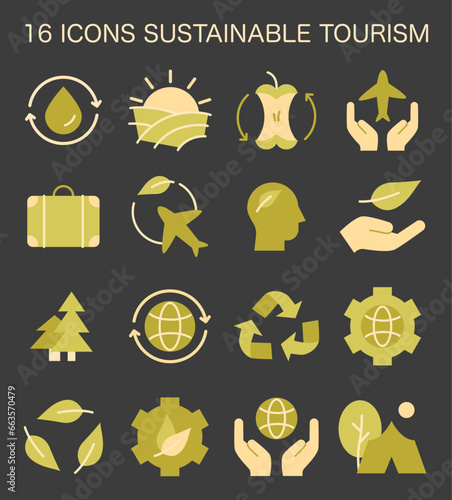 Sustainable tourism icons dark or night mode set. Symbols of ecotourism,