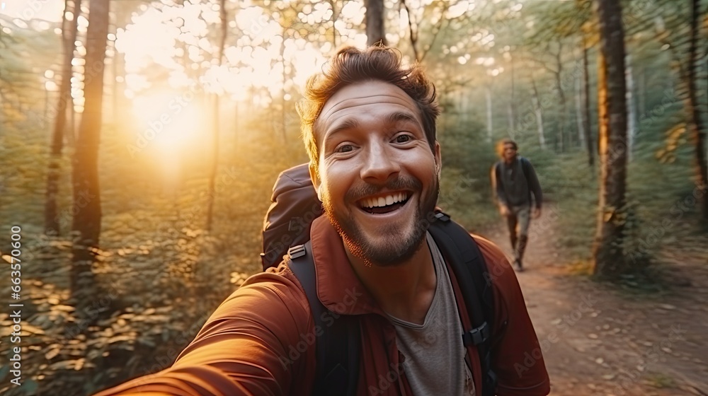 Φωτογραφία Selfie of a man in the woods, showcasing his backpacking adventure amidst nature