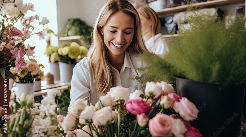 Professional florists arranging vibrant flowers in a stunning store, a captivating floral display