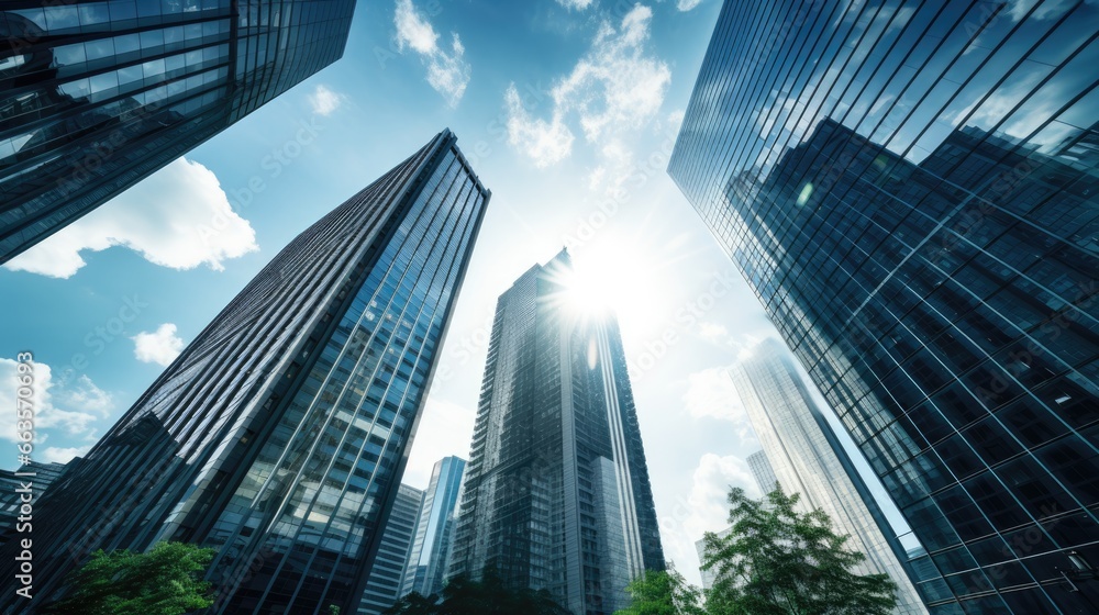 Panoramic view of a bustling cityscape with towering skyscrapers, a thriving business district