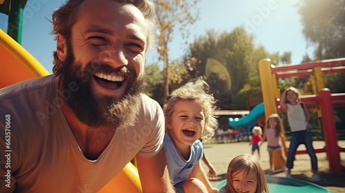 Playtime at the park: a father and two kids slide down a playground slide photo