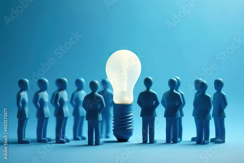 People standing around a light bulb,collaborative idea generation and innovation.