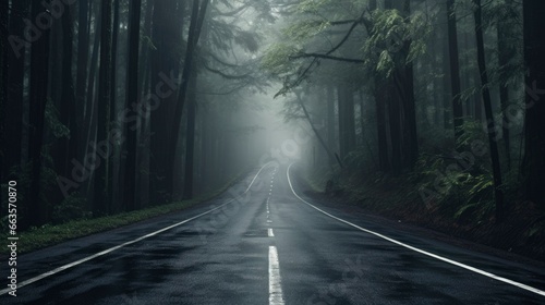 Morning in the forest. Road in the rainy season. Straight road in the middle of a rainy forest. Driving through the fog